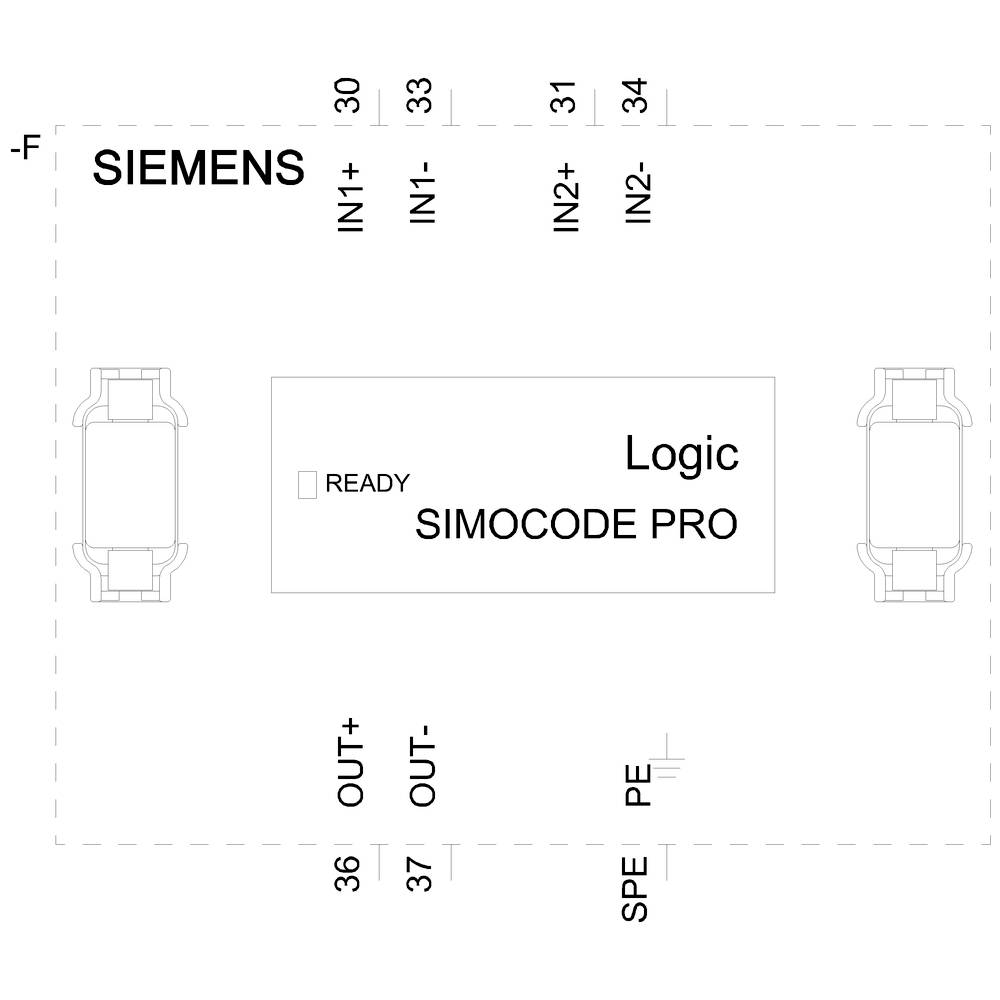 'SIEMENS SIMOCODE PRO'. Steuergerät für Motorsteuerung mit Anschlüssen: IN1+, IN1-, IN2+, IN2-, OUT+, OUT-, PE, SPE und READY-Anzeige.