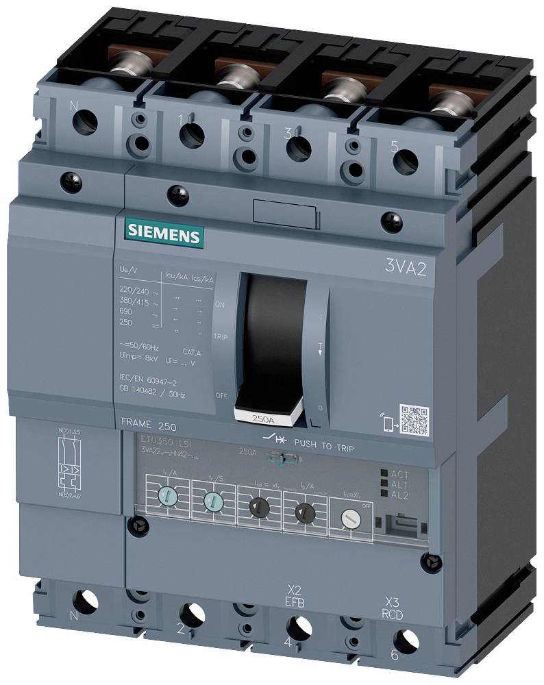 Leistungsschalter der Marke Siemens, Modell 3VA2, in grauer Farbe; er dient zum Schutz und zur Schaltung elektrischer Kreise.