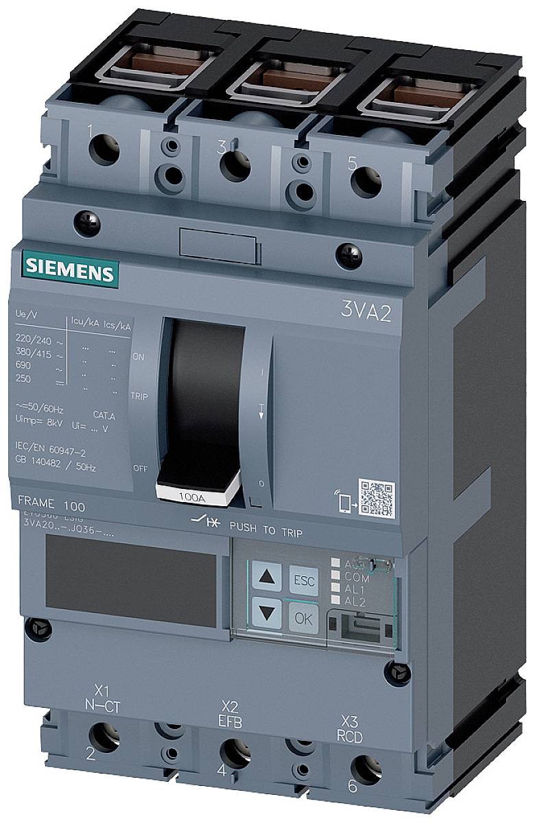 Ein Leistungsschalter von Siemens, Modell 3VA2, zeigt verschiedene Anschlüsse und einen Schalter mit 'ON' und 'OFF'.