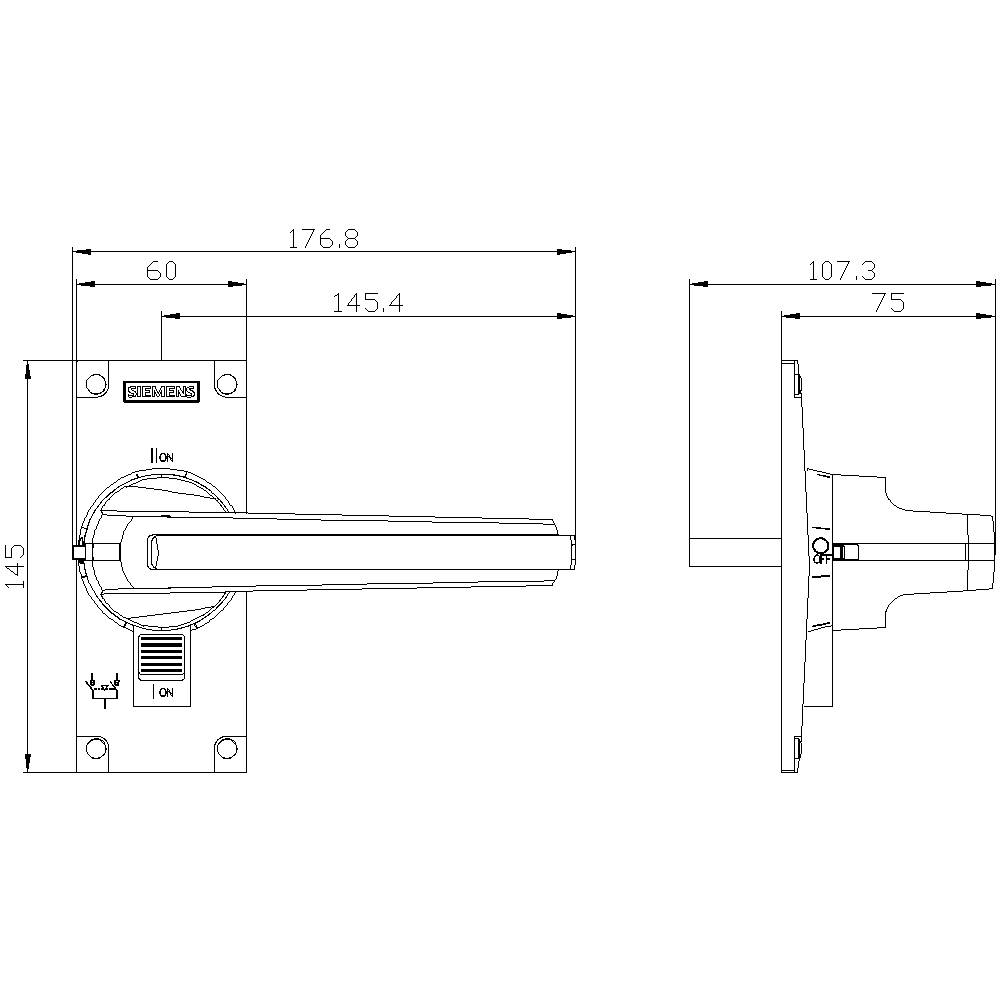 Technische Zeichnung eines Türgriffs mit Maßen in Millimetern; Oben-, Seitenansicht, Abmessungen für Montage und Mechanismus.