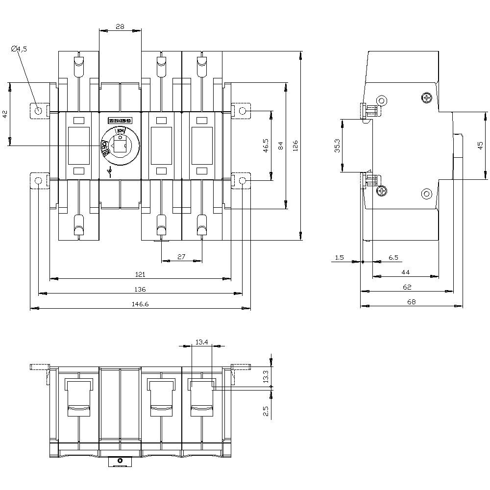 Technische Zeichnung eines Schalters mit mehreren Ansichten und Maßangaben in Millimetern. Zeigt Höhe, Breite und Tiefe des Schalters.