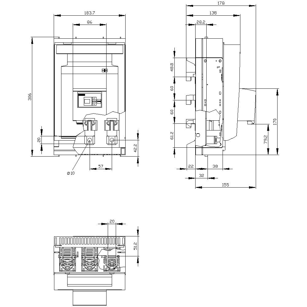 Technische Zeichnung eines elektrischen Schaltgeräts mit Vorderansicht und Seitenansicht, Maße und Anschlüsse sind spezifiziert.