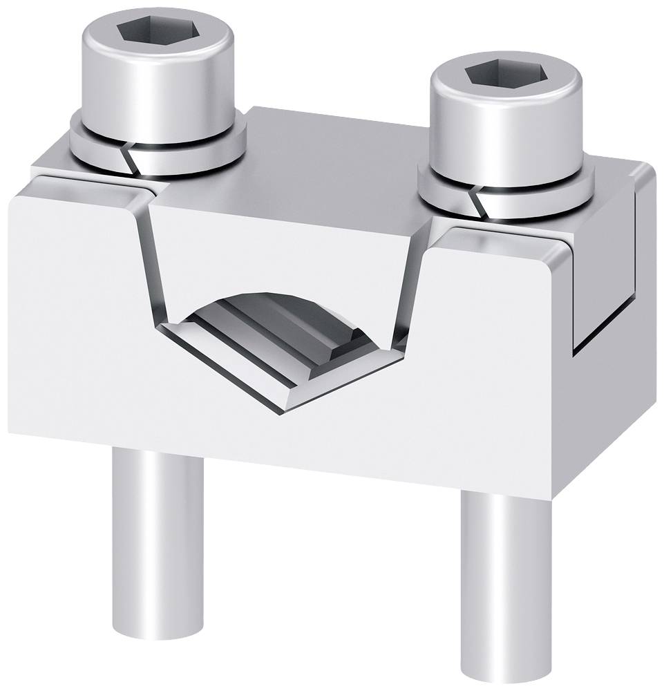 Metallischer Befestigungsclip mit zwei Schrauben oben und zwei Stiften unten, zur Montage von Teilen in mechanischen Konstruktionen.