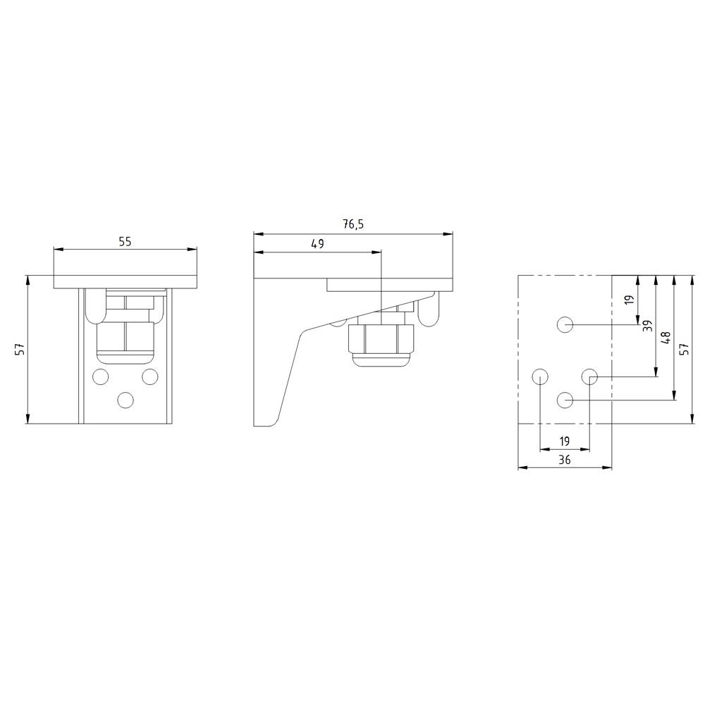 Technische Zeichnung eines Winkelelements mit Maßangaben: Breite 55 mm, Höhe 57 mm, Tiefe 76,5 mm, und weiteren Bohrlochpositionen.