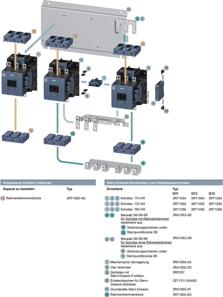 Diagramm zur Montage von Strom-Übersicht-Kombination. Zeigt Schalter, Verbinder und Zubehör, nummeriert für einfache Bestellung.