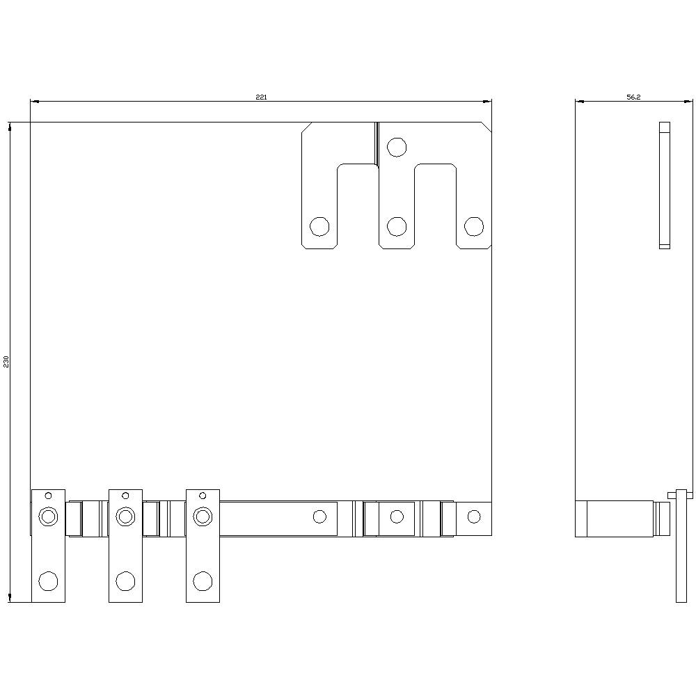 Technische Zeichnung einer Metallklammer mit Maßen. Vorderansicht zeigt Details von Befestigungsteilen, Seitenansicht zeigt Aufbau.