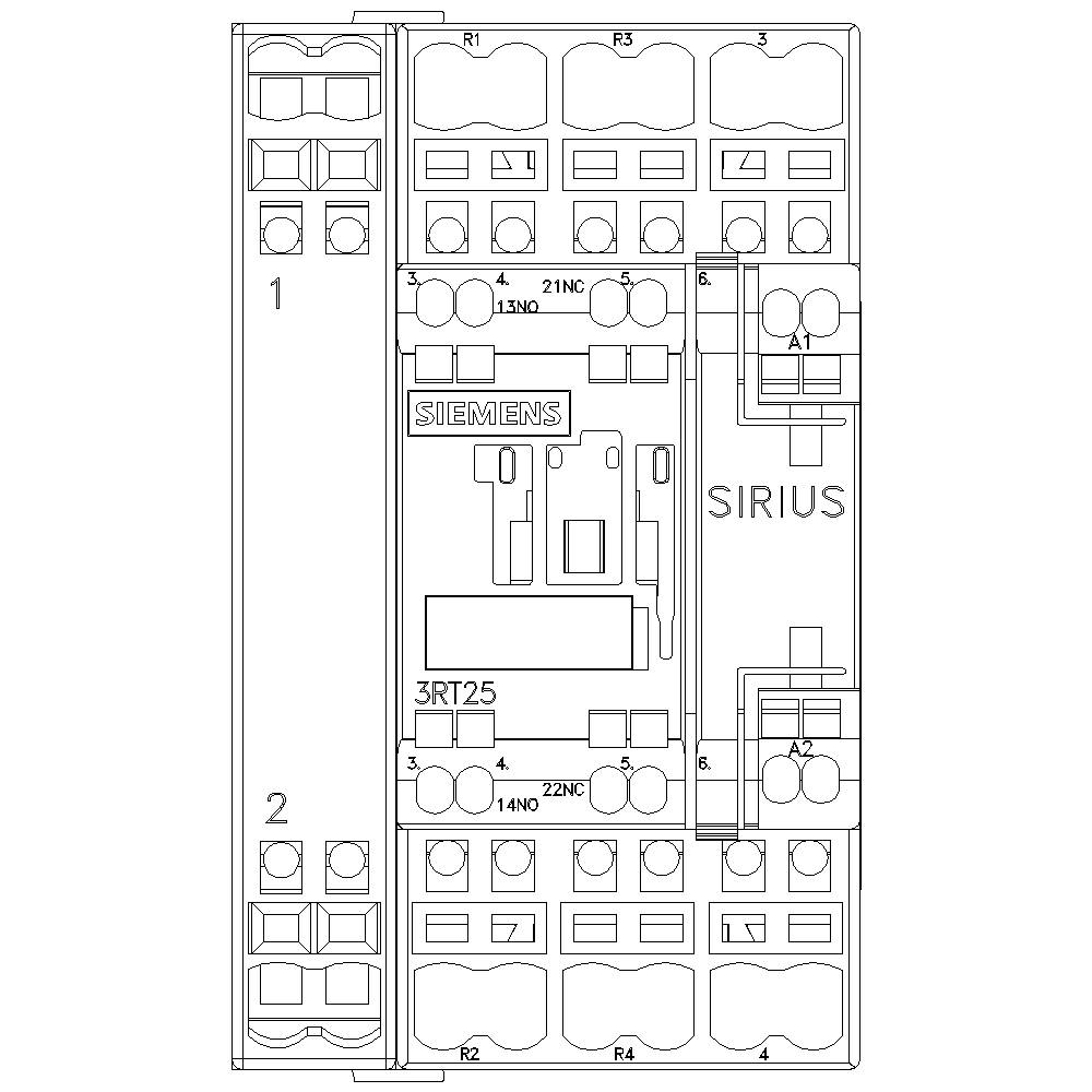 Schaltplan eines Siemens Sirius Schützes. Zeigt die Anschlüsse, Beschriftungen und Komponenten, einschließlich der Relais- und Steuerelemente.