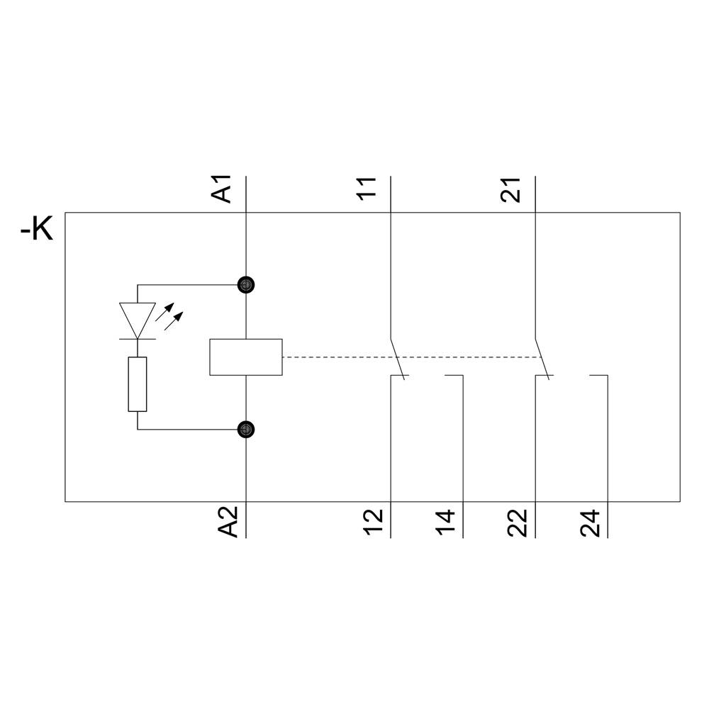 Schaltplan eines Relais mit LED-Anzeige. Die Kontakte sind mit A1, A2 und den Nummern 11 bis 24 beschriftet.