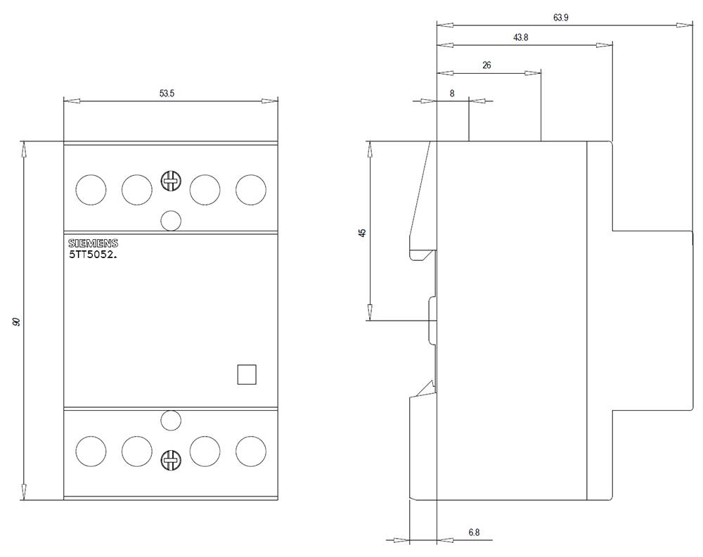 Technische Zeichnung eines elektrischen Bauteils mit seitlichen und frontalen Ansichten. Maße und Bohrlöcher sind detailliert angegeben.