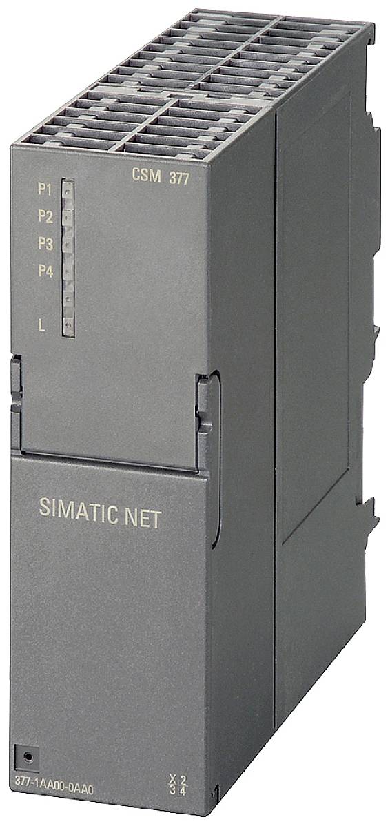 Industrie-Netzwerkmodul mit der Aufschrift 'SIMATIC NET' und vier LED-Anzeigen für Ports, zeigt Konnektivität an.