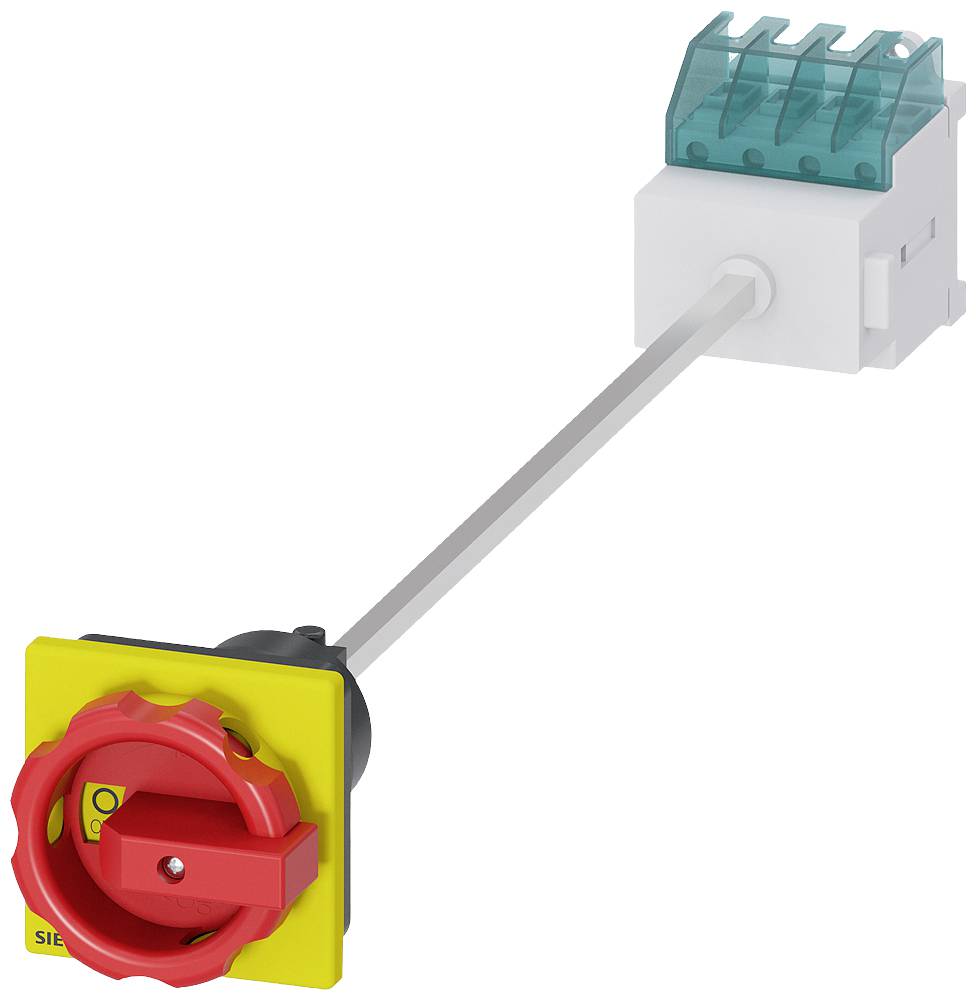 Ein roter Hauptschalter mit gelber Basis, verbunden mit einem weißen und teilweise transparenten elektrischen Anschluss.