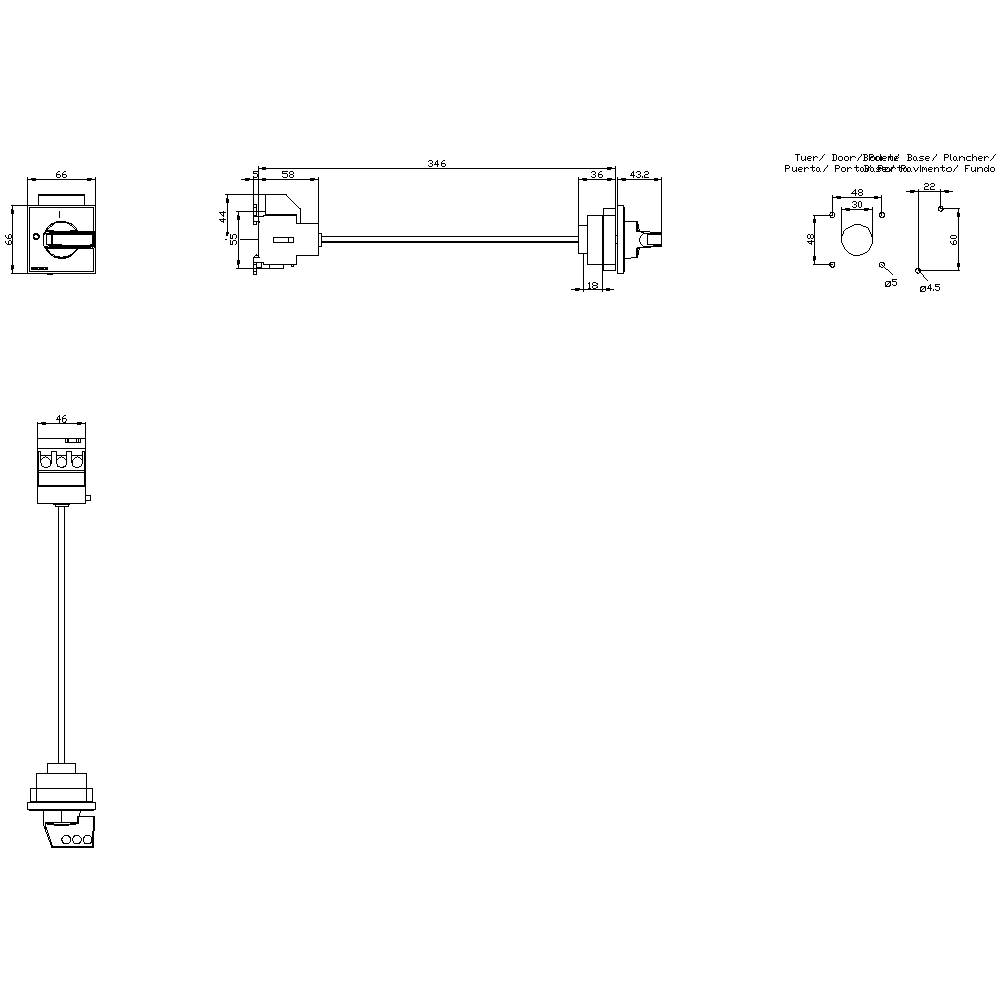 Technische Zeichnung eines elektrischen Bauteils mit Maßen. Oben rechts Textelemente: 'Turn/ Tour/ Rotary/ Wiert'/ 'Potiometer'.