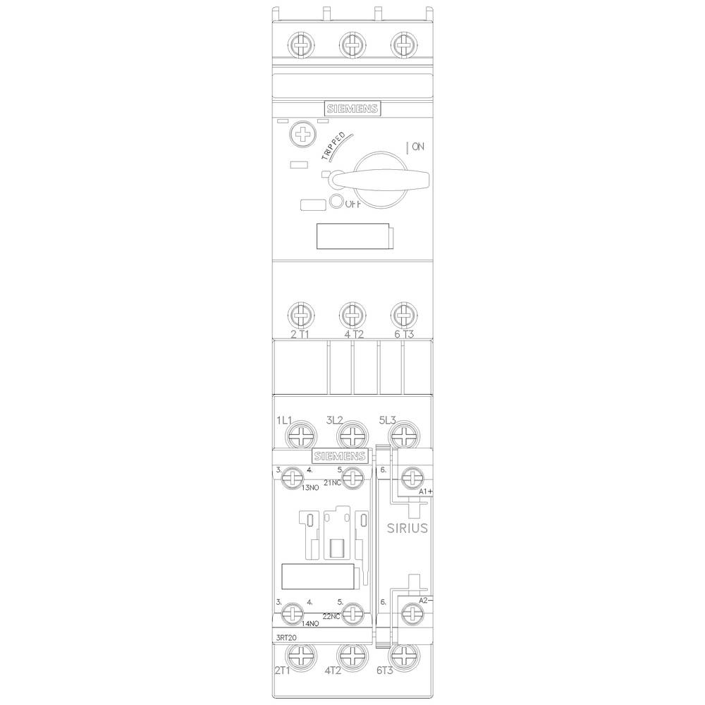 Ein Schaltplan eines elektrischen Schalters mit der Aufschrift 'SIRIUS'. Die Zeichnung zeigt Anschlüsse und mechanische Details.