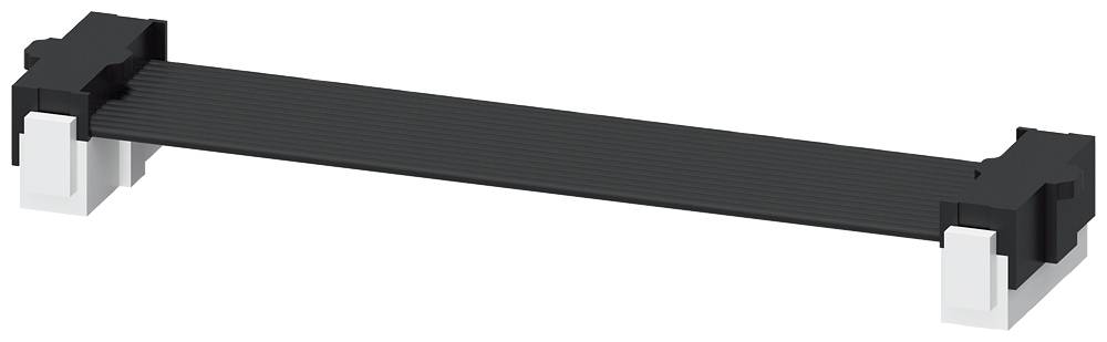 Ein schwarzes, rechteckiges Bauteil mit weißen Enden, möglicherweise eine elektronische Verbindungskomponente.