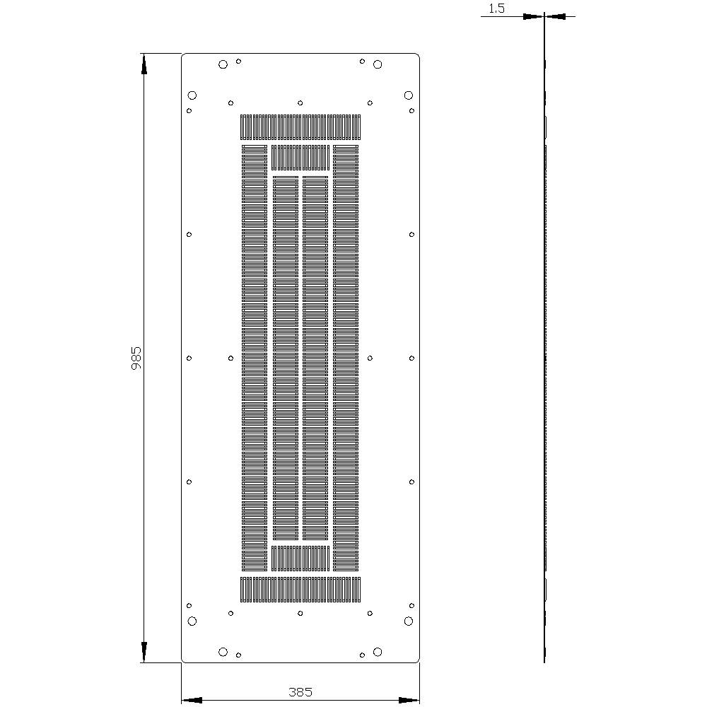Technische Zeichnung eines rechteckigen Metallgitters mit den Maßen 295 mm x 385 mm. Seitlicher Querschnitt zeigt eine Dicke von 1,5 mm.