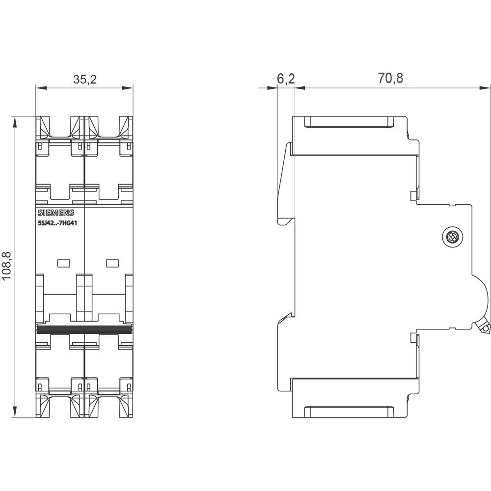 Technische Zeichnung eines elektrischen Bauteils mit Maßangaben: Höhe 108,8mm, Breite 70,8mm, Tiefe 6,2mm. Links Frontansicht, rechts Seitenansicht.