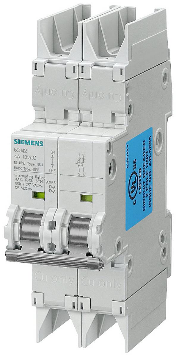 Leistungsschalter mit zwei Schaltern, Modell Siemens 5SJ4. Zeigt technische Details auf Etiketten zur Stromabsicherung.