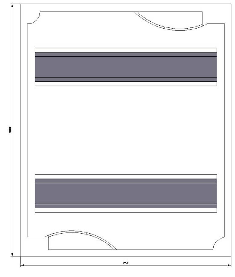 Technische Zeichnung eines rechteckigen Bauteils mit zwei Ausschnitten in den Ecken und zwei parallelen Linien in der Mitte. Maße 250 x 310.
