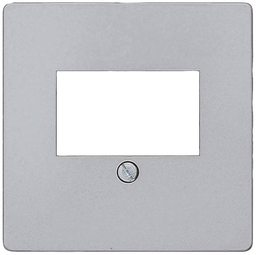 Silberner, quadratischer Metallrahmen mit zentralem rechteckigem Ausschnitt und Schraube unten.