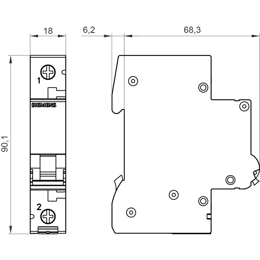 Technische Zeichnung eines elektrischen Schalters. Maße sind 90,1 x 68,3 x 18 mm. Detailansicht zeigt Anschlüsse 1 und 2.