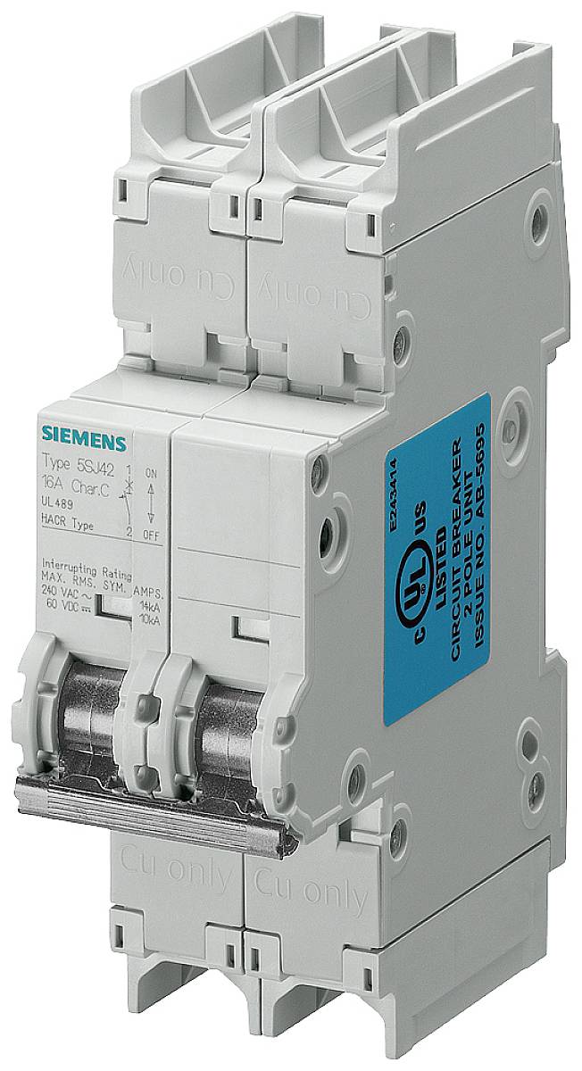 Ein zweipoliger Leistungsschalter von Siemens mit blauer UL-Kennzeichnung, geeignet für elektrische Schaltkreise, vertikal ausgerichtet.