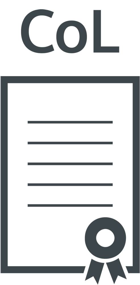 Eine stilisierte Darstellung eines Zertifikats, gekennzeichnet mit 'CoL' oben und einem Kreis mit Band am unteren Rand.