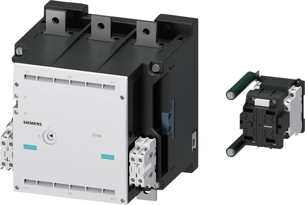 Industrielle Schaltkomponente von Siemens, bestehend aus drei Hauptanschlüssen und zwei seitlichen Entriegelungsmechanismen.