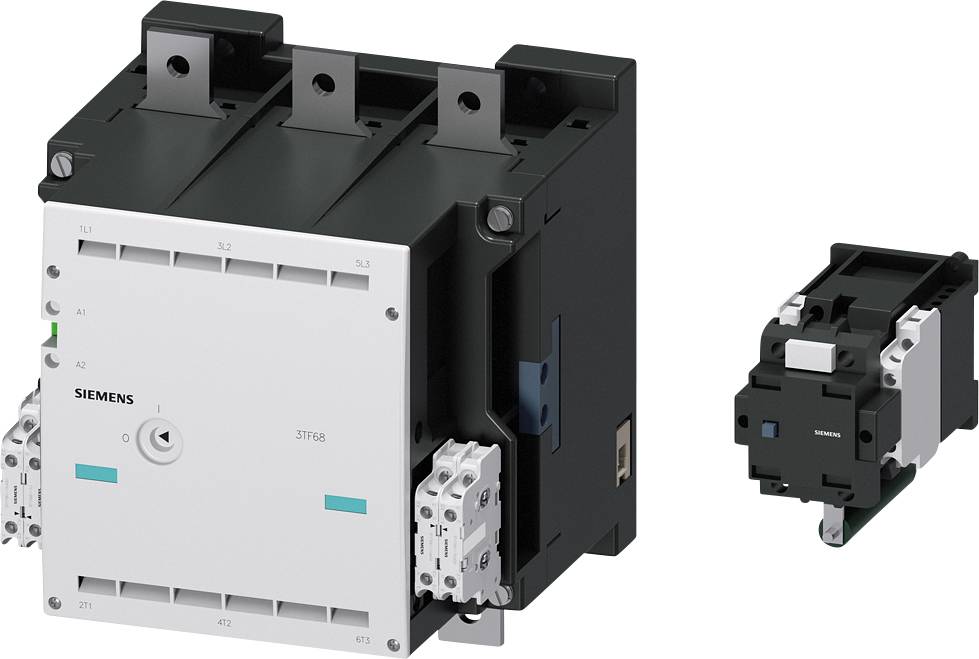 Zwei elektronische Schütze von Siemens nebeneinander, links ein größeres Modell, rechts ein kleineres Modell; schwarze und weiße Bauteile.