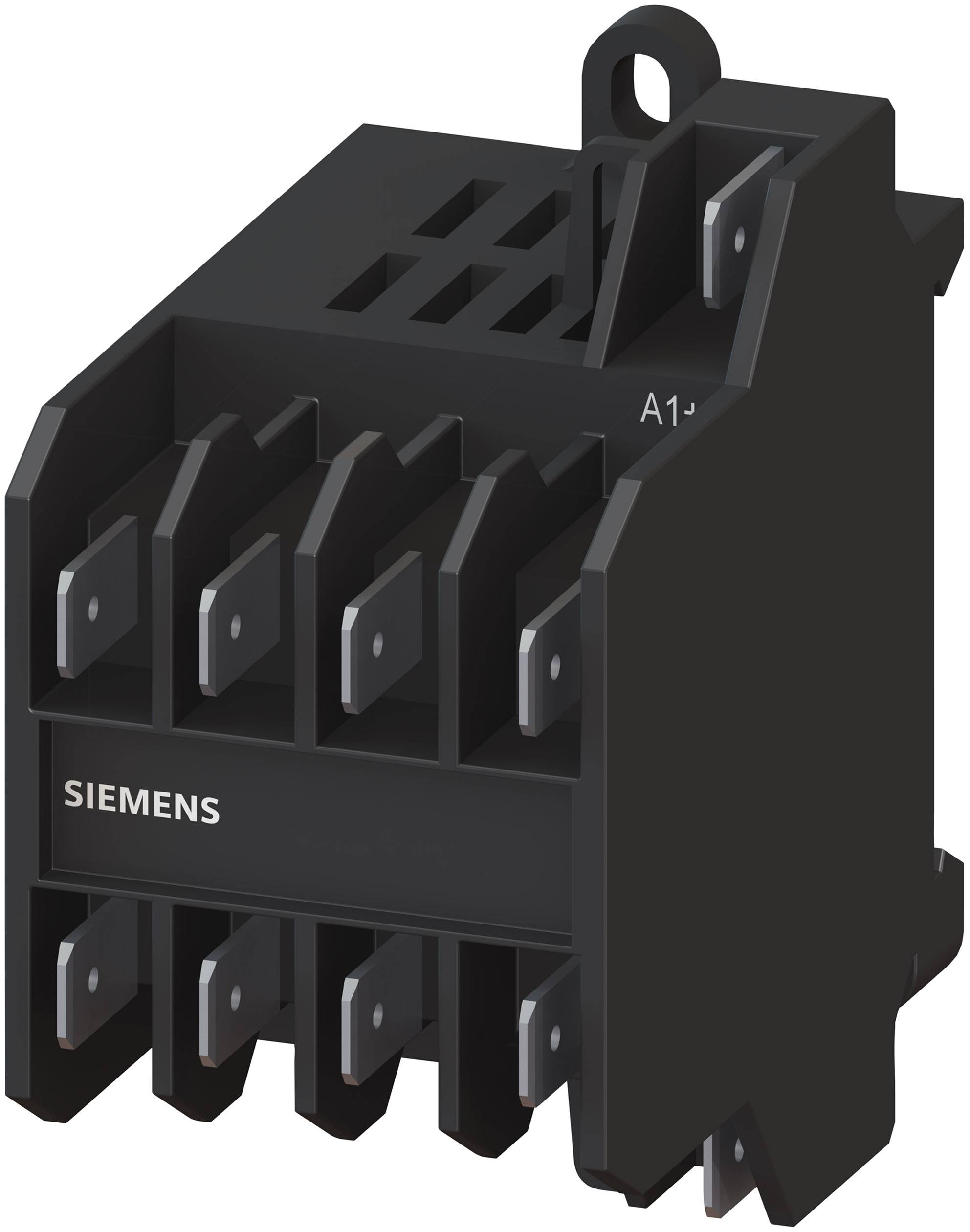 Ein schwarzes Siemens-Schütz mit sichtbaren Kontakten und der Bezeichnung 'A1'. Eingesetzt zur Steuerung elektrischer Schaltkreise.