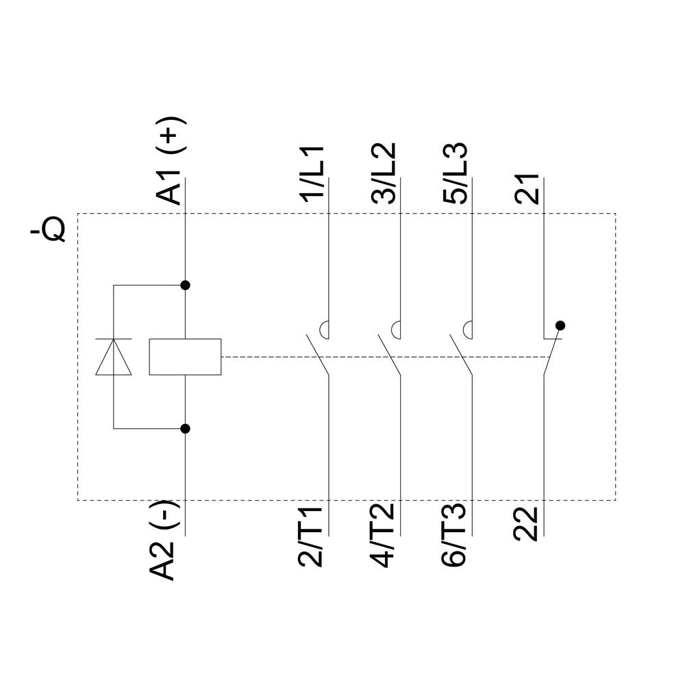 Schaltplan eines elektrischen Bauteils mit Klemmen A1/A2, 1L1/3L2/5L3, 2T1/4T2/6T3 und 21/22. Diodensymbol zwischen A1/A2 dargestellt.