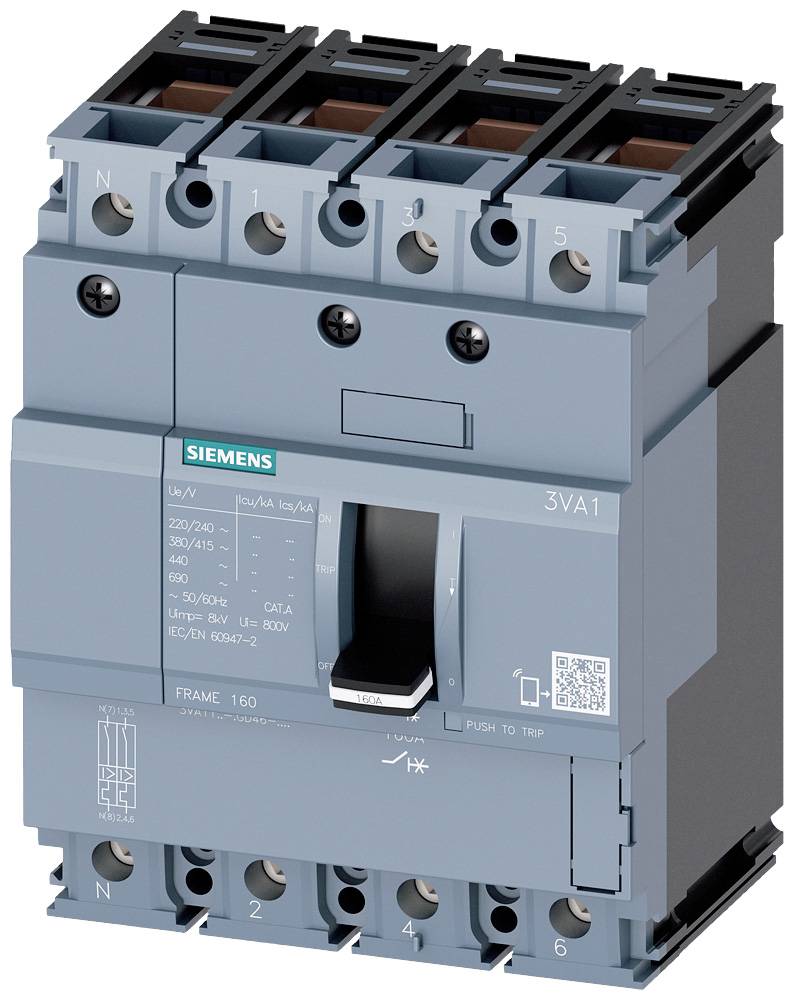 Ein grauer Leistungsschalter von Siemens mit der Aufschrift '3VA1'. Er hat mehrere Anschlussstellen, geeignet für elektrische Schalttafeln.