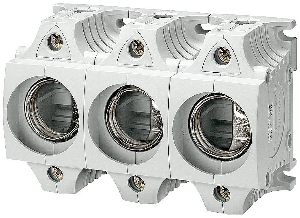 Elektrische Klemmenblock mit drei einzelnen Anschlussstellen. Jede Stelle hat eine große, runde Öffnung zum Einführen von Kabeln.