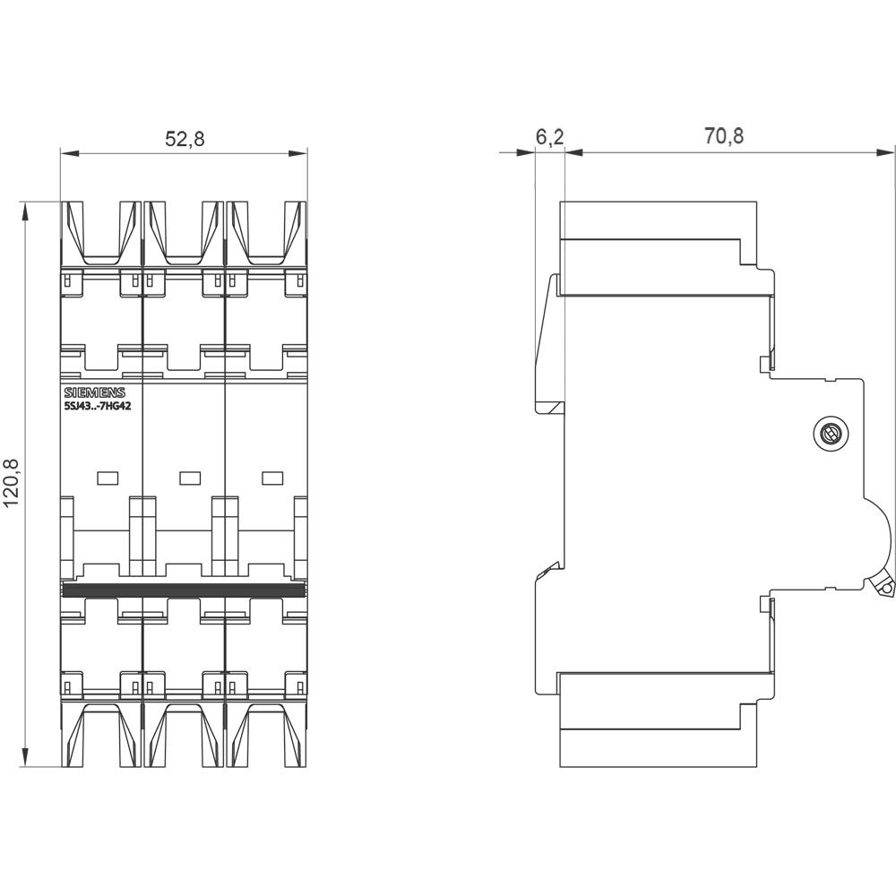 Technische Zeichnung eines Leistungsschalters mit Maßangaben: Breite 52,8 mm, Höhe 120,8 mm, Tiefe 70,8 mm. Seiten- und Vorderansicht.