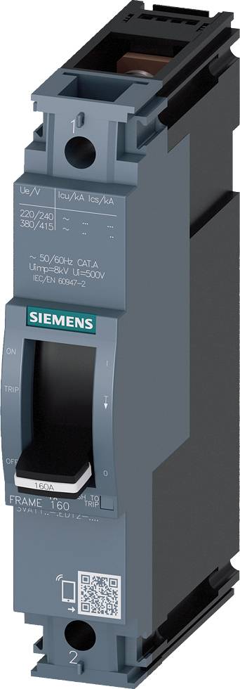 Elektrischer Leistungsschalter von Siemens in grauer Farbe. Geeignet für 160A, 50/60Hz, mit QR-Code und Beschriftung auf der Vorderseite.