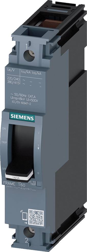 Siemens-Leistungsschalter, Modellnummer 3VA2, für 160A. Enthält QR-Code; detaillierte technische Informationen auf der Frontseite.