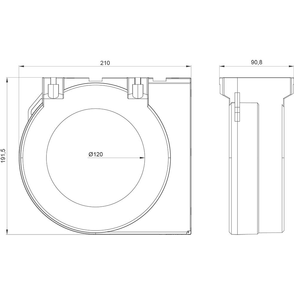 Technische Zeichnung eines zylindrischen Behälters, Maße: 210x90,8 mm. Draufsicht und Seitenansicht mit Durchmesserangabe Ø120 mm.