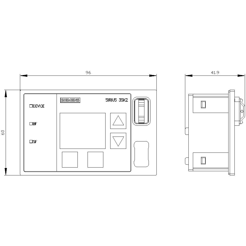 Technische Zeichnung eines rechteckigen Steuergeräts mit Display und Tasten, Maße: 96x60x41,9 mm, seitliche Profilansicht rechts.