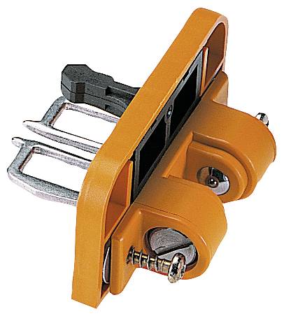 Oranges Kunststoffwerkzeug zur Befestigung von Elektrozäunen mit zwei Metallschrauben und Halterungen, seitlich sichtbar.