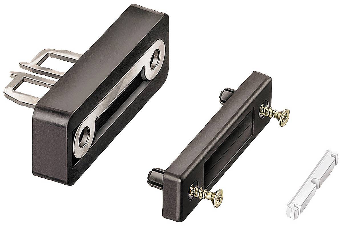Zwei schwarze Riegelverschlüsse mit jeweils zwei Schrauben und einem weißen Hebel. Sie dienen zur Sicherung von Türen oder Fenstern.