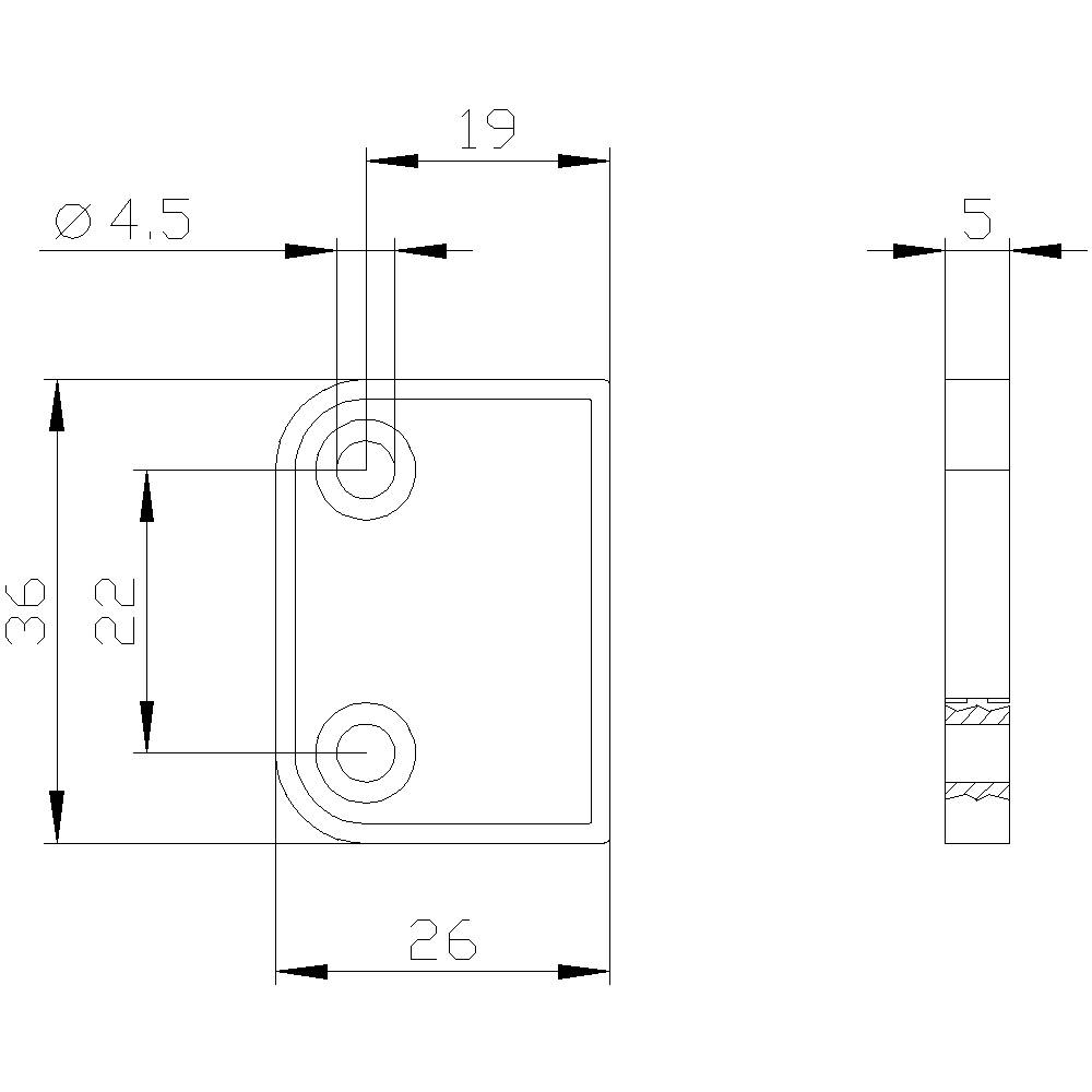 Technische Zeichnung eines Metallwinkels mit Maßen: 26 mm Breite, 36 mm Höhe, 19 mm Lochabstand, 4,5 mm Lochdurchmesser.