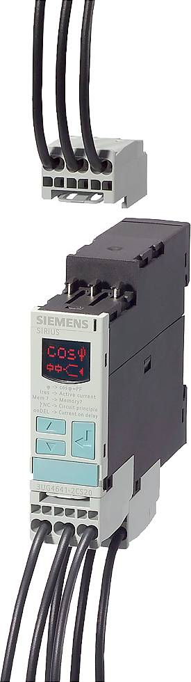 Elektrischer Leistungsschalter von Siemens mit einem digitalen Display und mehreren angeschlossenen Kabeln, geeignet für industrielle Anwendungen.