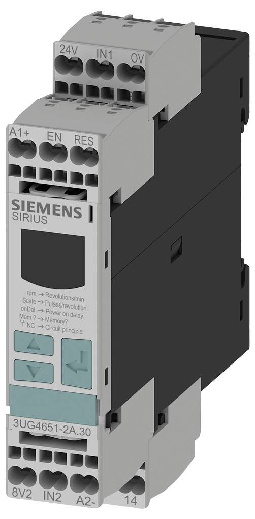 Ein elektronisches Modul von Siemens mit der Aufschrift 'SIRIUS'; Schaltfunktionen und Anschlüsse sind auf der Vorderseite sichtbar.
