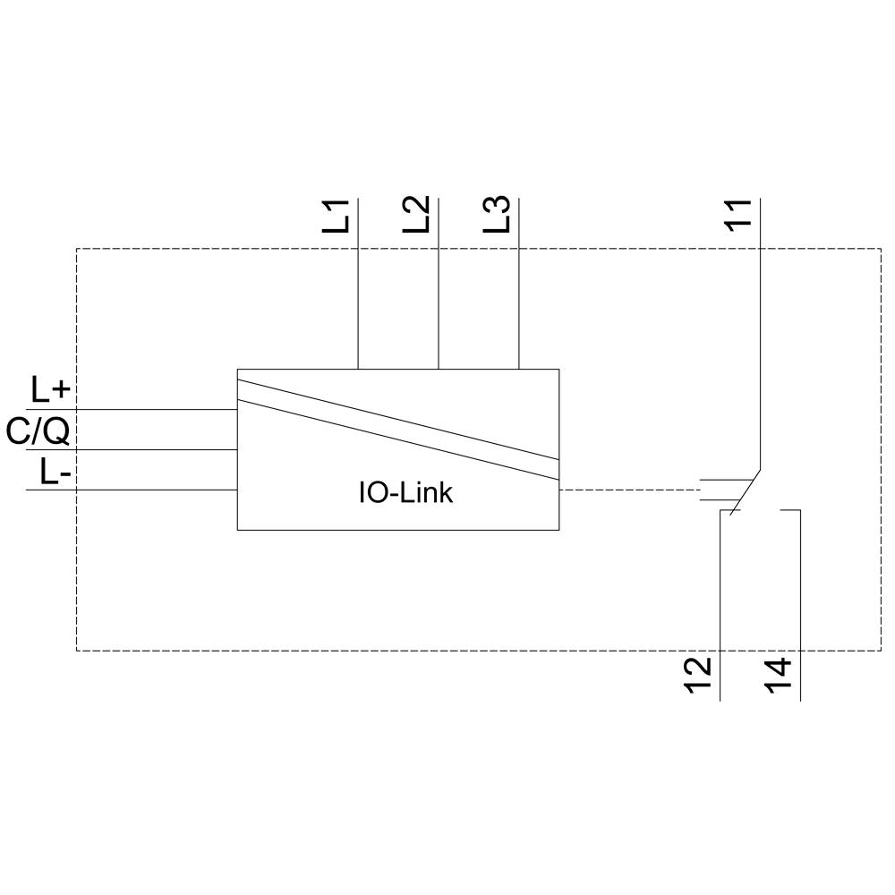 Schaltplan eines IO-Link-Anschlusses mit drei Eingängen (L1, L2, L3), einem C/Q-Ausgang und Anschlüssen für Plus (L+) und Minus (L-).