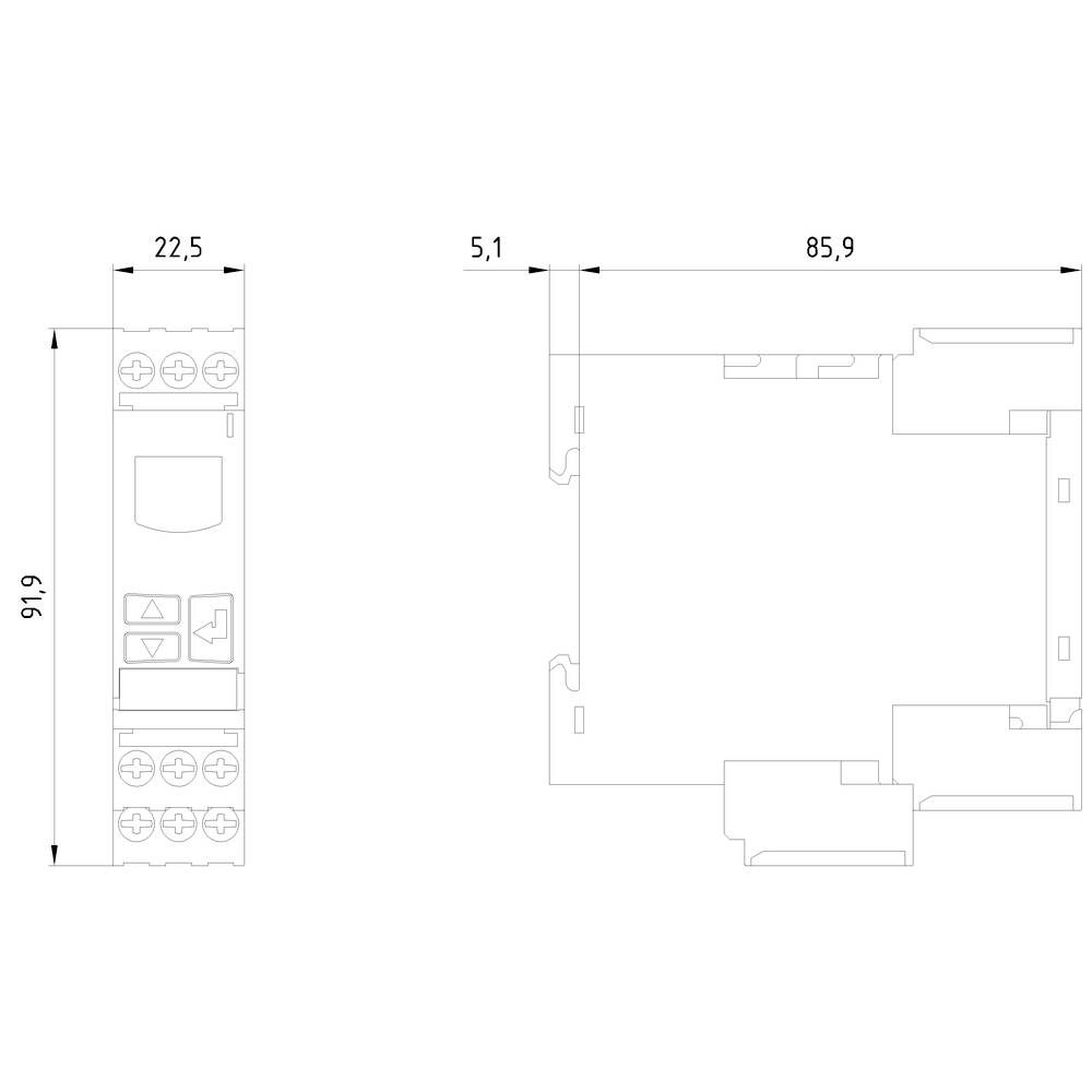 Technische Zeichnung eines elektrischen Schalters in Draufsicht und Seitenansicht mit den Maßen 22,5 x 85,9 x 91,6 mm.