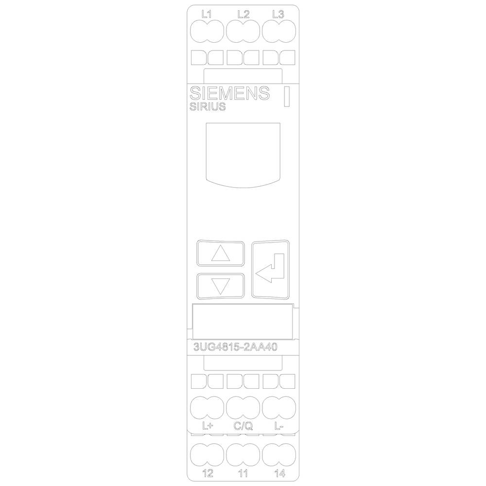 'Siemens SIRIUS 3UG4815-2AA40 Überwachungsrelais' zeigt drei Phasen L1, L2, L3. Hauptmerkmale: Symbole für Einsatz und Bedienung.
