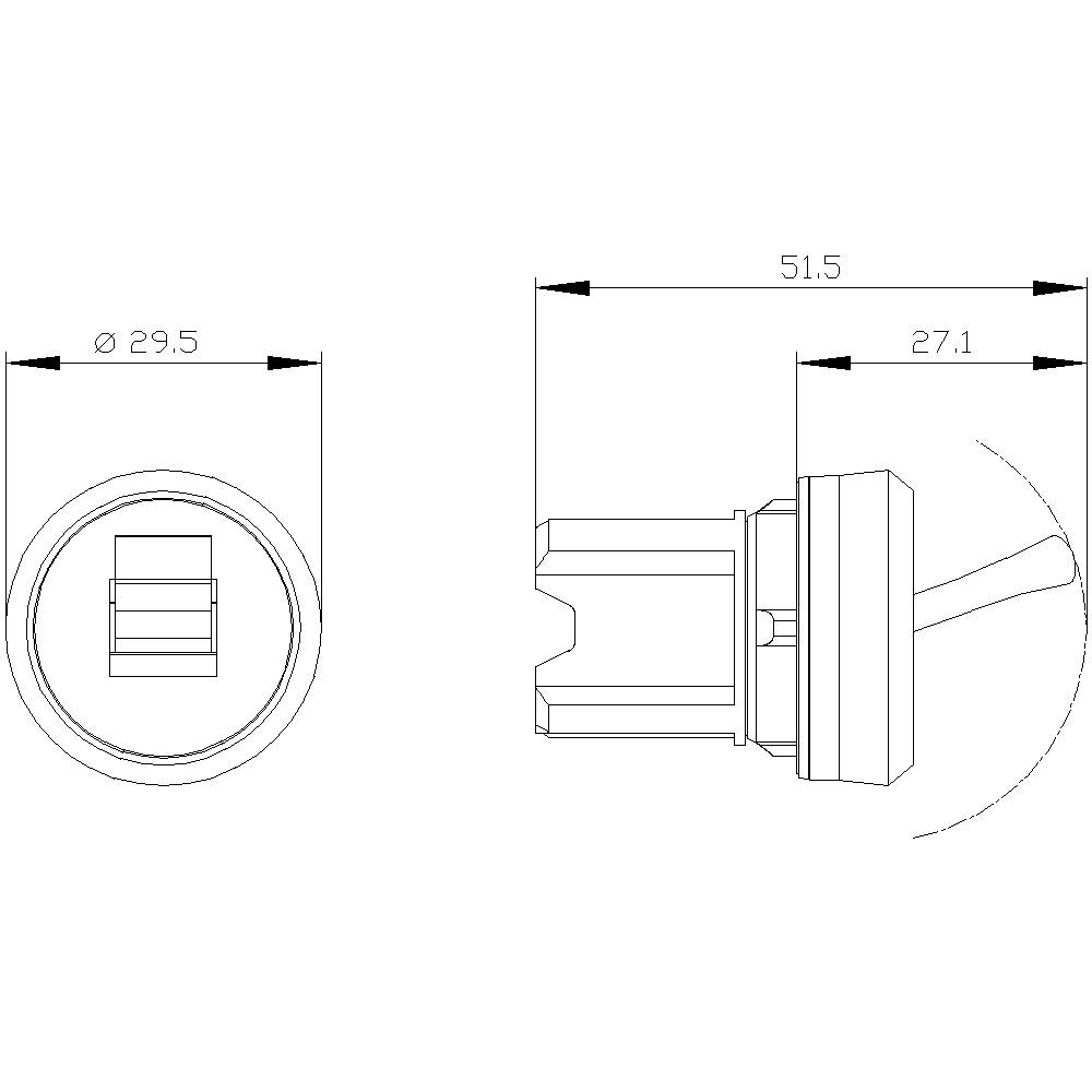 Technische Zeichnung eines zylindrischen Schalters mit Abmessungen: Durchmesser 29,5 mm, Länge 51,5 mm, Detailansicht von oben und Seite.