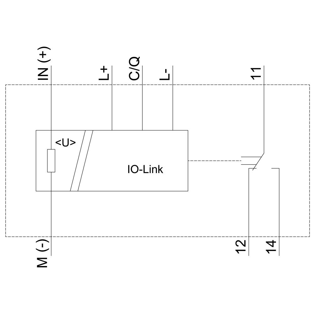 Diagramm zeigt IO-Link-Schnittstelle. Eingangsanschlüsse: IN (+), M (-), L+, C/Q, L-. Ausgang zu Kontakten 11, 12, 14. Verbindungswege markiert.