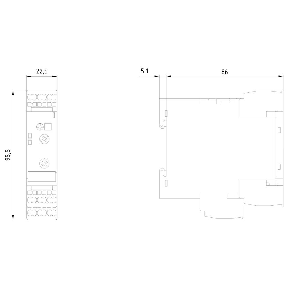 Technische Zeichnung eines rechteckigen Geräts mit Abmessungen 95,5 x 22,5 mm und 86 x 5,1 mm. Detaillierte Darstellungen und Maße.