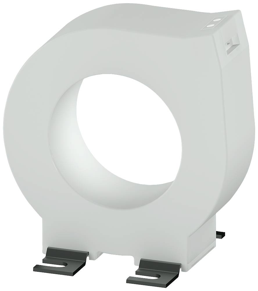 Ein weißer, kreisförmiger Sensor mit einem Loch in der Mitte, montiert auf einer dunklen Metallhalterung, vermutlich für technische Anwendungen.