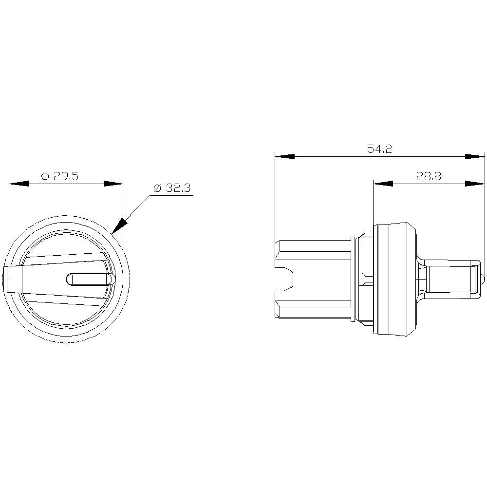 Technische Zeichnung einer Schraube mit seitlichen und oberen Ansichten. Maße: Länge 54,2 mm, Durchmesser 32,3 mm und 29,5 mm.
